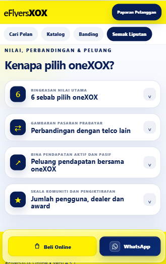 Paparan sebenar seksyen Kenapa pilih oneXOX dalam eFlyersXOX