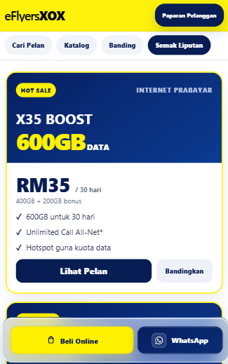 Paparan sebenar katalog pelan X35 BOOST dalam eFlyersXOX