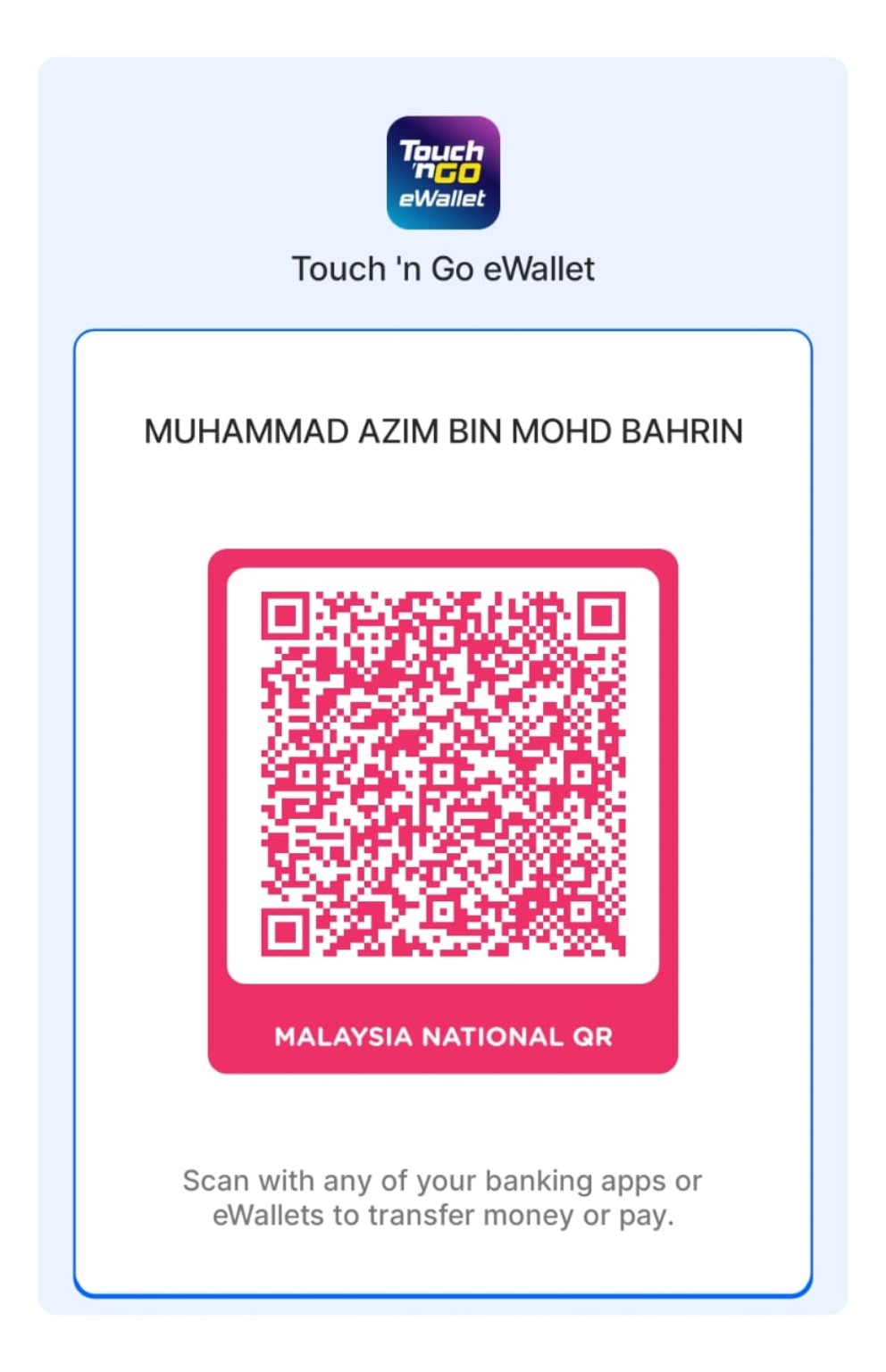QR pembayaran Touch 'n Go eWallet milik Muhammad Azim Bin Mohd Bahrin